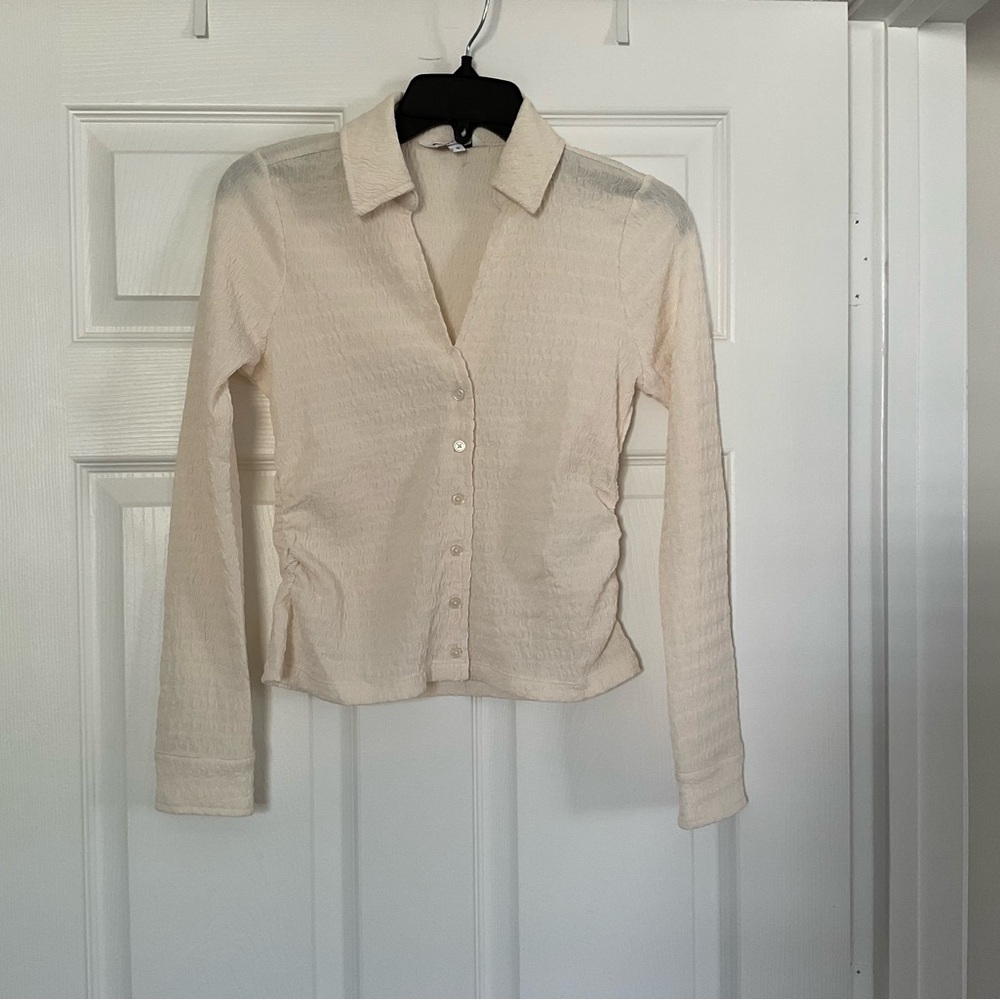 Womens DKNY Cream Button-Front Collared Long-Sleeve Top